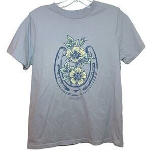 Wrangler Women’s Medium Blue Graphic T Shirt Horseshoe Floral Western Tee